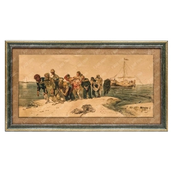 Репин И. Е. Бурлаки на Волге. Бумага, цветная автолитография, 1873 г.  Размеры: 23,5х50,5 см. Оформлено в раму. Справа внизу подпись: «И. Репин 1873». Состояние очень хорошее.  «Бурлаки на Волге» — картина русского художника Ильи Репина, над которой он работал с 1870 по 1873 год. Оригинал хранится в Государственном Русском музее в Санкт-Петербурге. Эта программная работа И. Репина стала шедевром реалистической живописи передвижников. Илья Ефимович запечатлел настоящих бурлаков с натуры в многочисленных подготовительных этюдах и рисунках. Работа получила множество критических отзывов академистов, но «за экспрессию» Репин получил золотую медаль имени Виже-Лебрен. Полотно называют великой исторической русской картиной, в которой жанровый сюжет поднялся до значения монументального полотна.  Литография времен создания полотна позволяла ознакомиться с сюжетом работы, ее психологическим звучанием массовому зрителю XIX века.  Илья Ефимович Репин (1844–1930) — русский живописец и рисовальщик, один из самых влиятельных и разноплановых художников времён «великих реформ» и «контрреформ», писатель и педагог. Художник стал ключевой фигурой русской реалистической живописи, он воспитал целую плеяду художников. Его работы на историческую тему стали вершиной искусства передвижников.