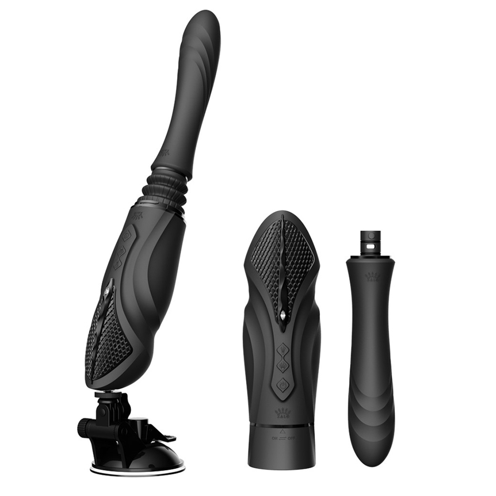 Чёрная компактная секс-машина 37,9см с двумя насадками и функцией нагрева Zalo Sesh Compact Sex Machine Obsidian Black