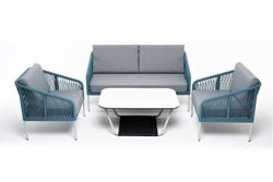 "Канны" лаунж-зона 4-местная из роупа со столом "Гранада" (молочный), каркас алюминиевый светло-серый, роуп бирюзовый