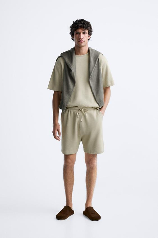 ZARA ФУТБОЛКА ИЗ ТКАНИ SOFT TOUCH В РУБЧИК, СВЕТЛО-ПЕСОЧНЫЙ