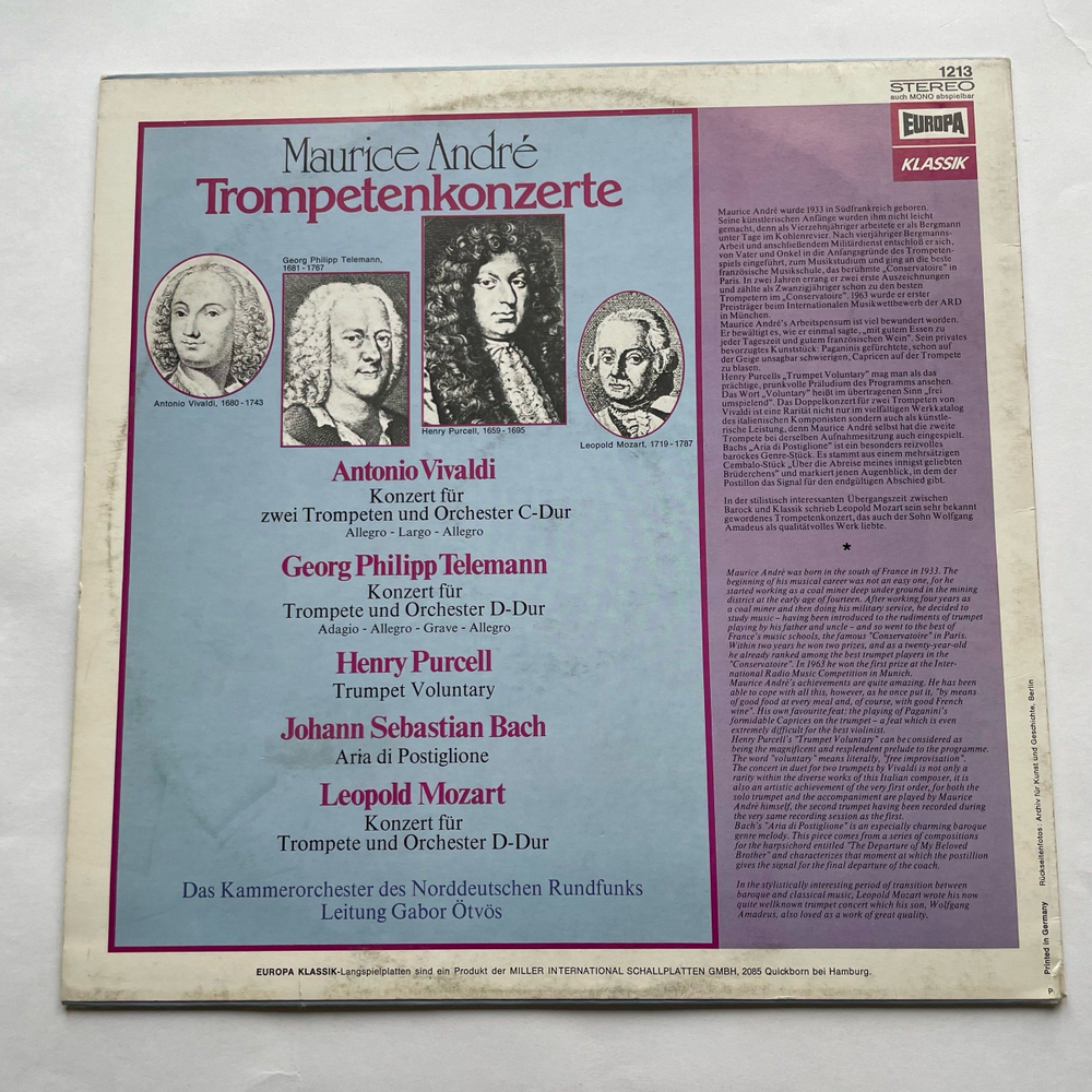 Винтажная виниловая пластинка LP Maurice Andre, Kammerorchester Des Norddeutschen Rundfunks, Gabor tv s Trompetenkonzerte (Германия 1975)