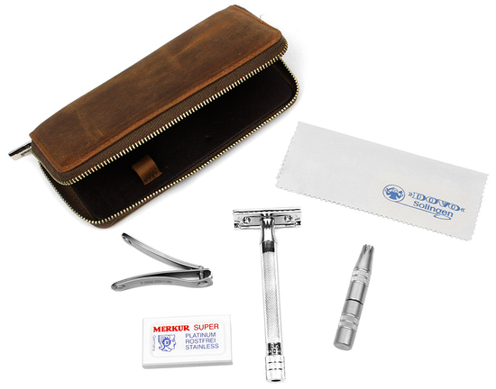 Набор бритвеный Dovo, 4 пр. Футляр: натур.кожа (вол), цвет коричневый