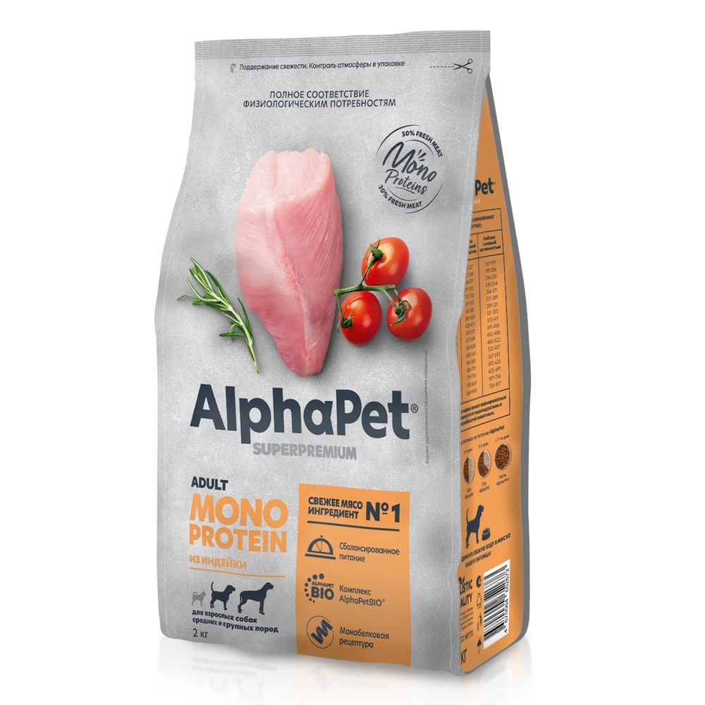 Уценка! Срок 17.08.26/ Сухой корм AlphaPet Superpremium MONOPROTEIN для взрослых собак средних и крупных пород из индейки