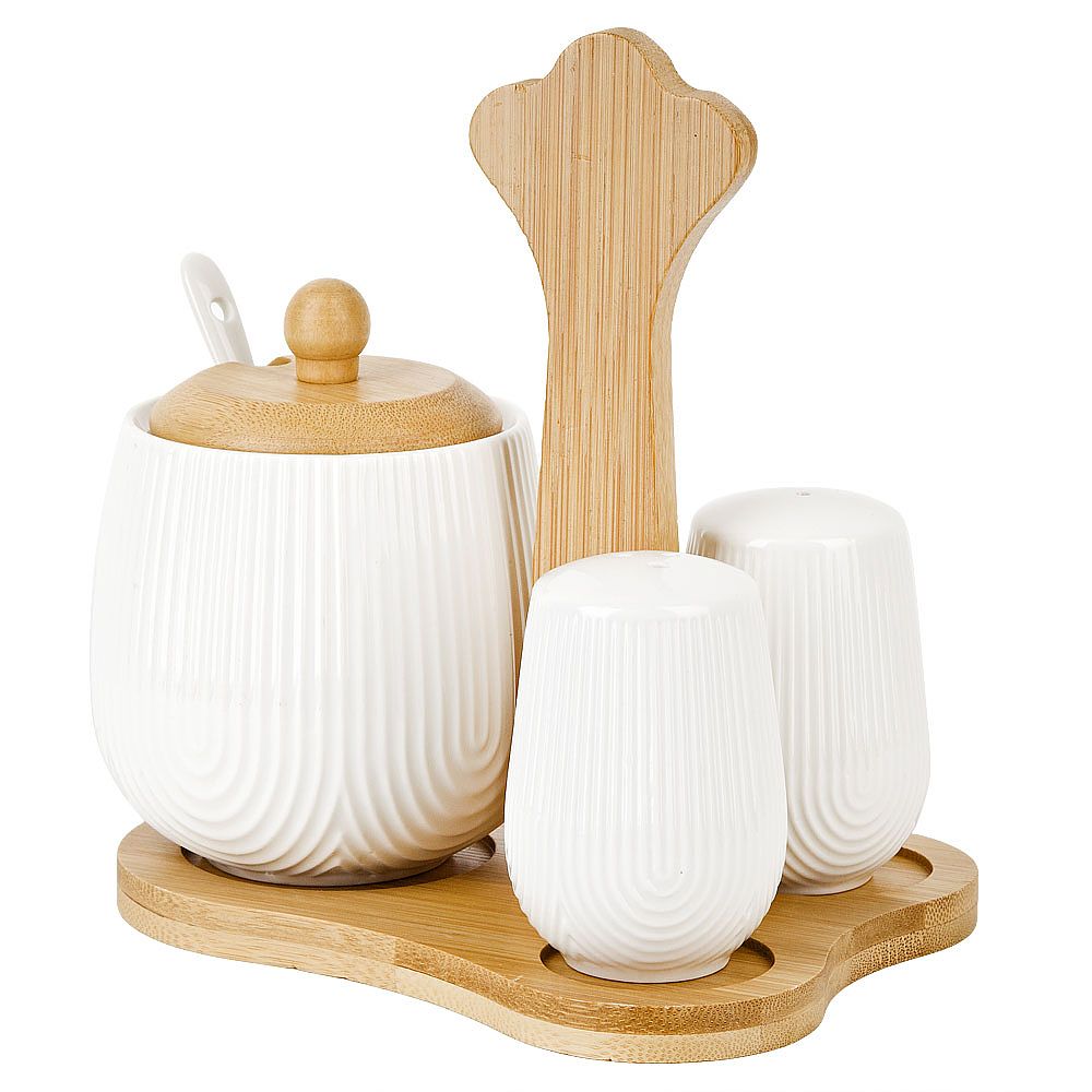 Набор на бамбуковой подставке: сахарница с ложкой, 2пр для специй " " 15х13х17см