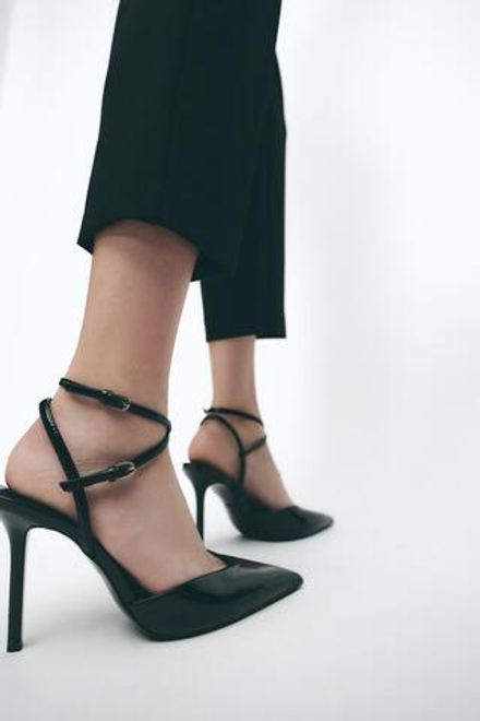 ZARA ТУФЛИ-МЮЛИ С РЕМЕШКАМИ И КАБЛУКОМ, ЧЕРНЫЙ