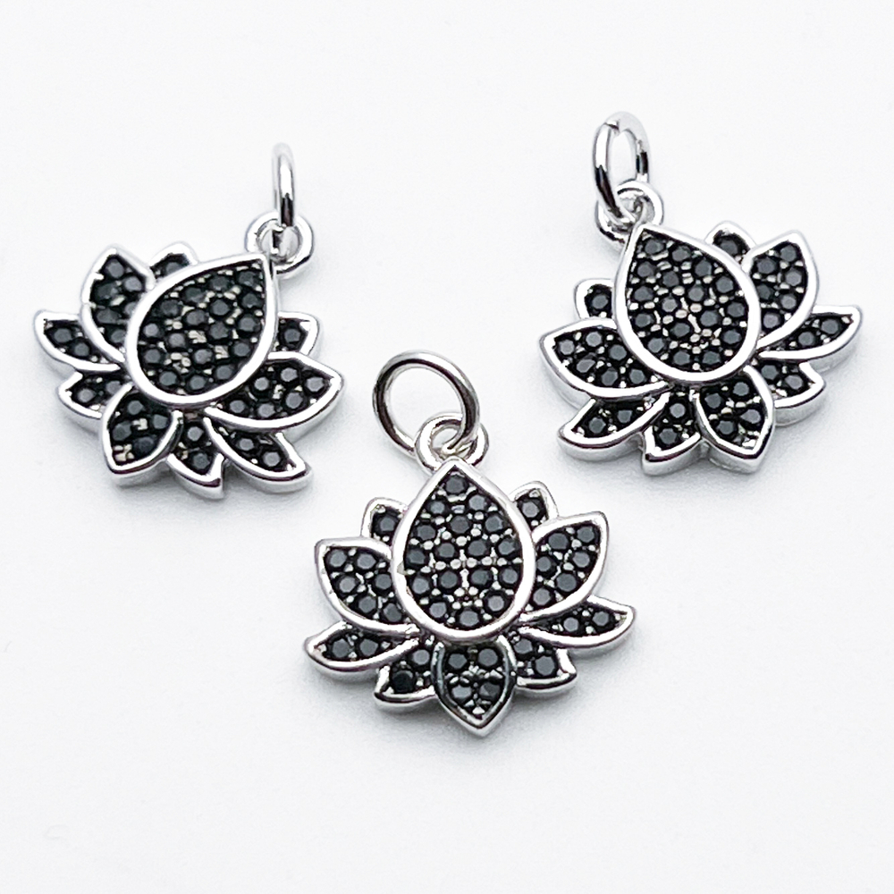 Подвеска Лотос, цвет серебро (родий), черные фианиты, размер 14*13,5 мм, цена за 1 шт