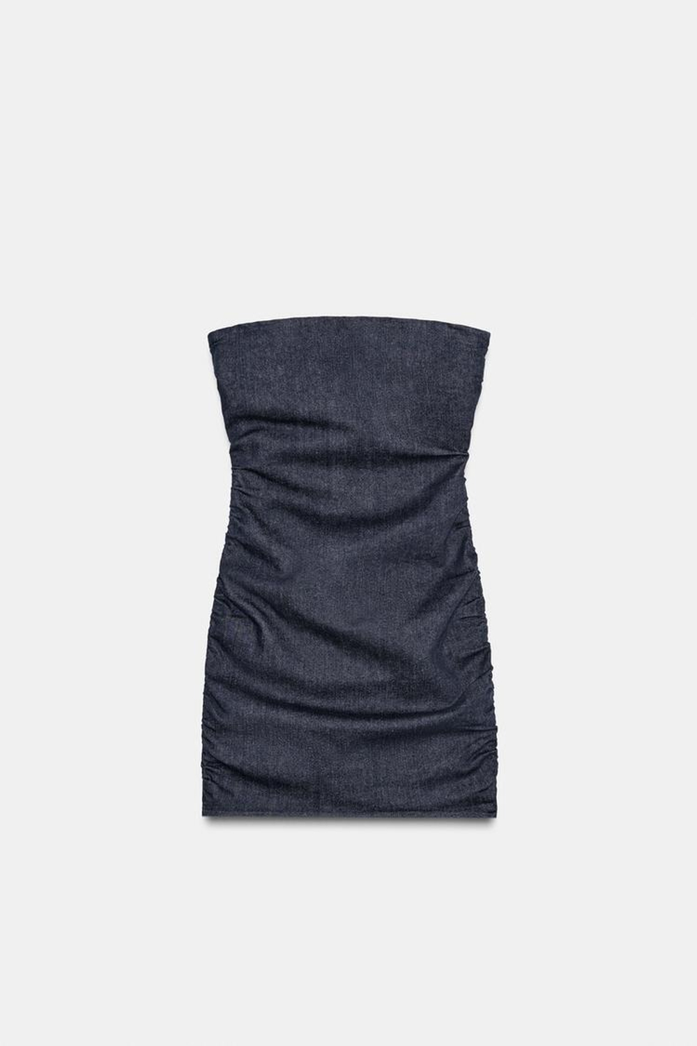 ZARA ДЖИНСОВОЕ ПЛАТЬЕ TRF С ОТКРЫТЫМИ ПЛЕЧАМИ И ДРАПИРОВКОЙ, ТЕМНЫЙ ИНДИГО