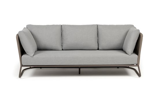 "Багамы" диван 3-местный плетеный из роупа, каркас алюминий бежево-серый (RAL7006) муар, роуп серо-коричневый 23мм, ткань светло-серая