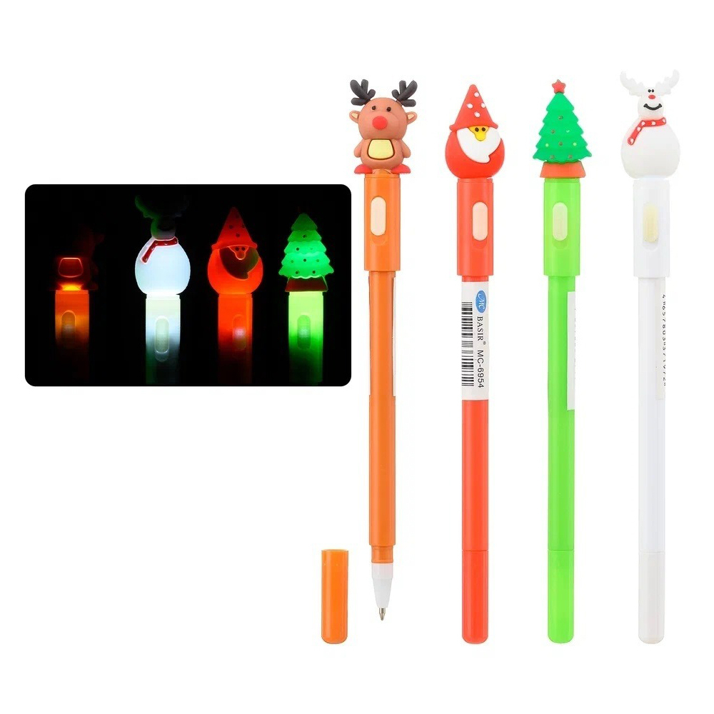 Ручка шариковая, Basir, синие чернила, с фигурным колпачком, серия "НОВОГОДНИЕ", разноцветный корпус, 12 шт