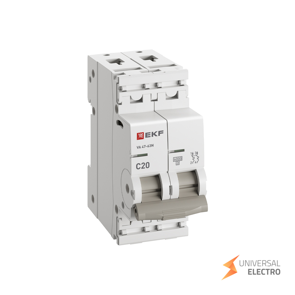 Автоматический выключатель 2P 20А (C) 6кА ВА 47-63N EKF PROxima