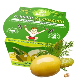 Оливки Халкидики с соленым огурчиком в маринаде с горчицей, укропом и кориандром 28Olives, 150 г, упаковка с оливкой