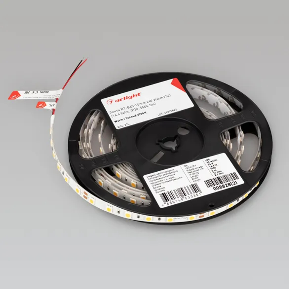 Светодиодная лента RT-B60-10mm 24V Warm2700 (14.4 W/m, IP20, 5m) (Arlight, 14.4 Вт/м, IP20) 008828(3)