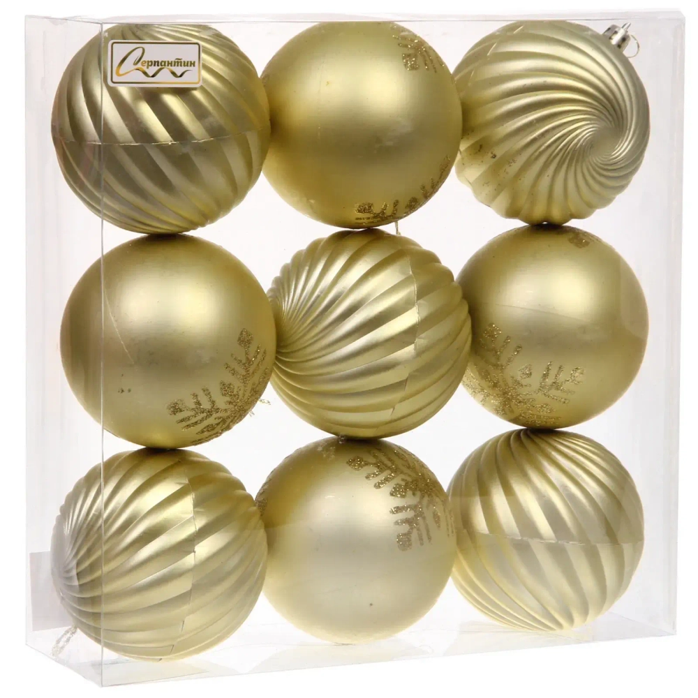 Новогодние шары «Изящные узоры» 8 см (набор 9 шт), Золото
