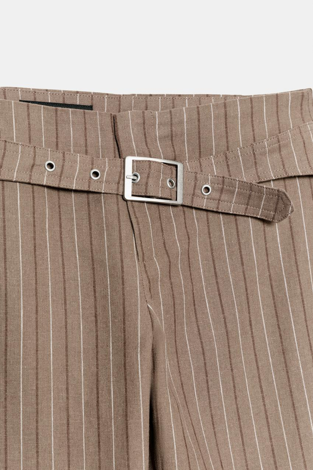ZARA РАСКЛЕШЕННЫЕ БРЮКИ В ПОЛОСКУ С ПРЯЖКОЙ, КОРИЧНЕВЫЙ/ЭКРЮ