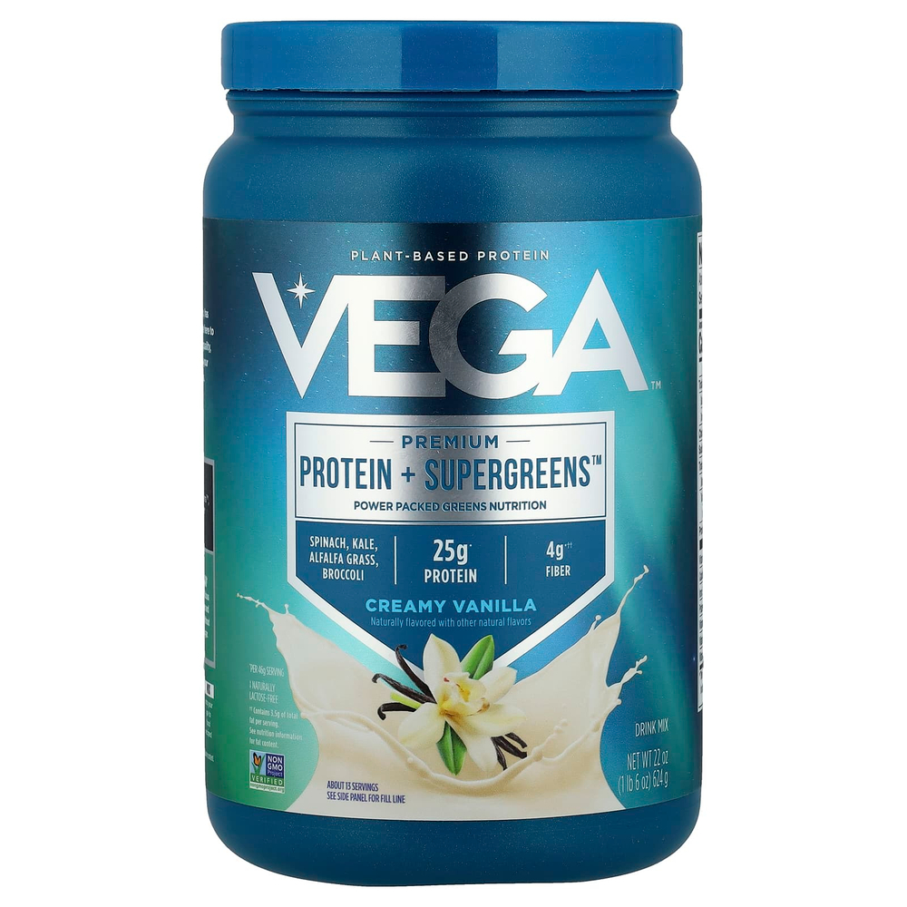 Vega, Premium Protein + Supergreens ™, кремовая ваниль, 624 г (1 фунт 6 унций)