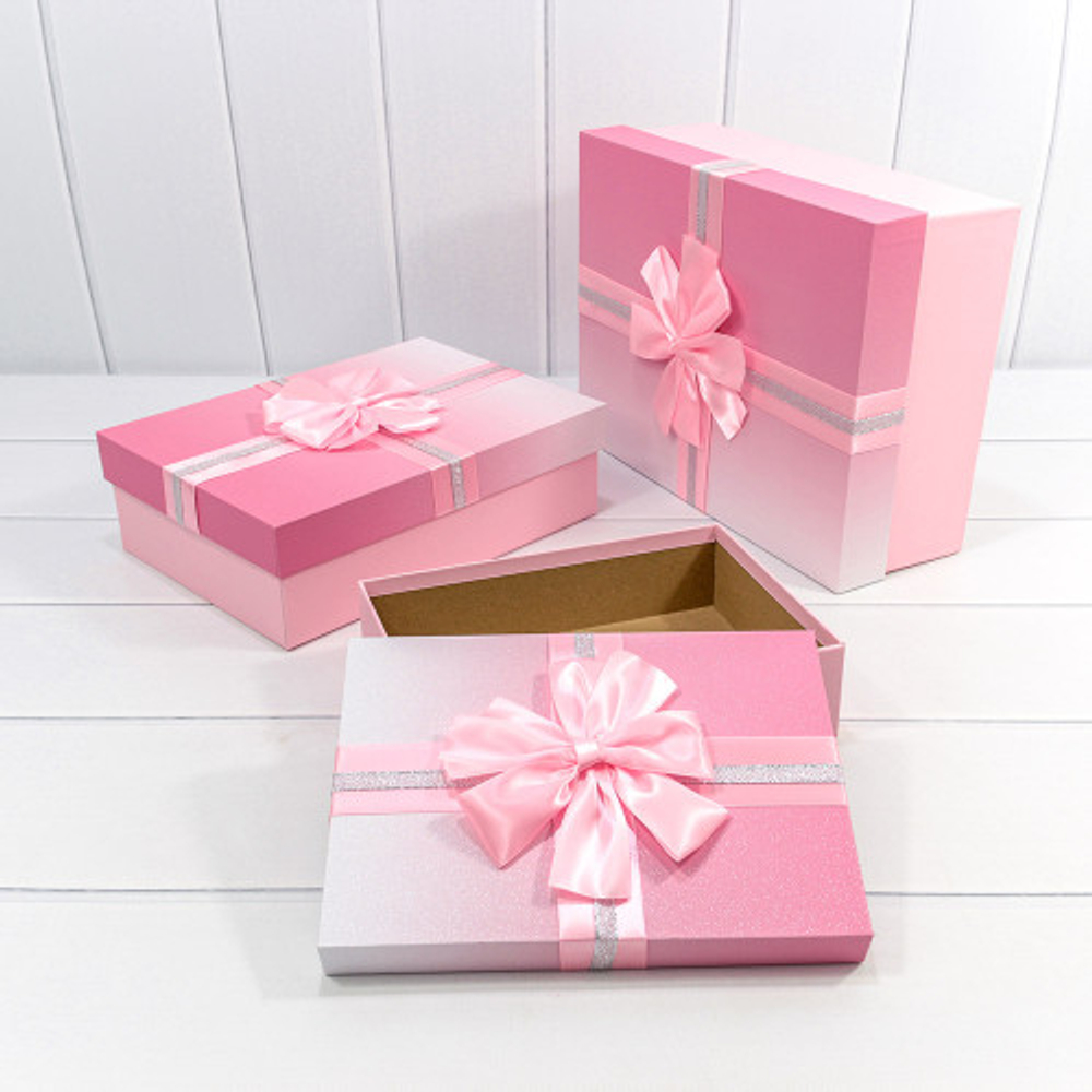 Коробка 33.5х25х11.5 см Набор 3 шт "Градиент" с бантом (Розовый)