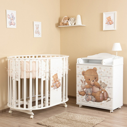 Кроватка-трансформер овальная Vikalex Мишкина Компания с маятником белый