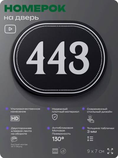 Номерок на дверь квартиры 443, для кабинета, офиса, шильдик 9 х 7 см, черный, Айдентика Технолоджи