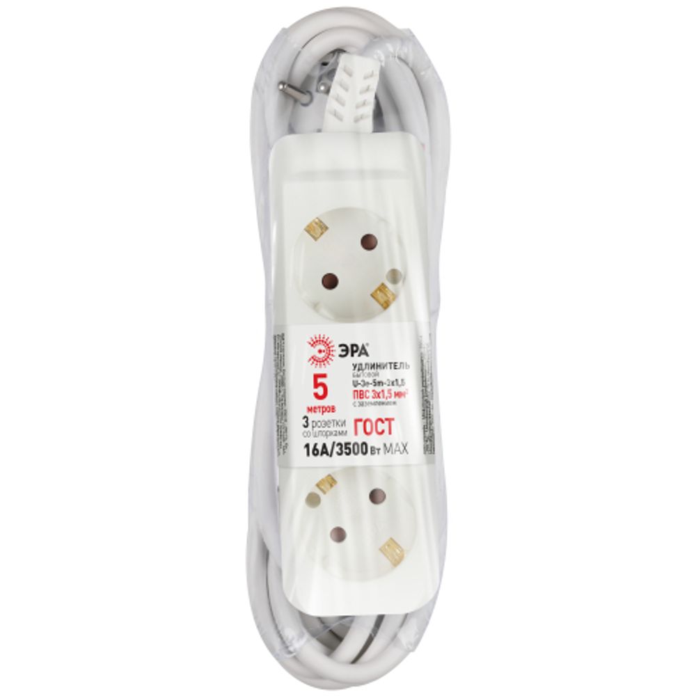 Удлинитель электрический ЭРА U-3e-5m-3x1,5 с заземлением 3 розетки 5м ПВС 3x1,5мм2 16А | Бытовые удлинители