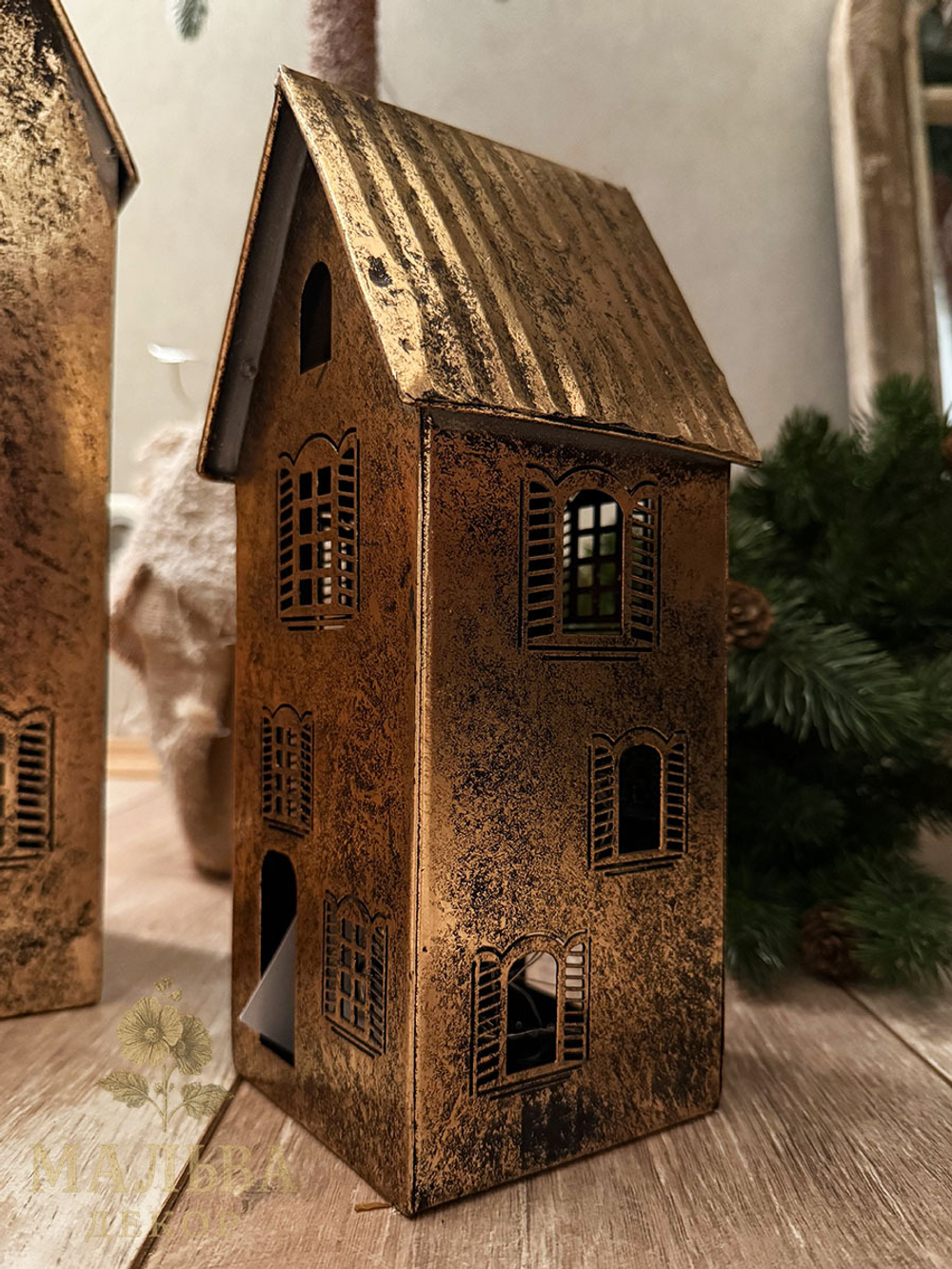 Подсвечник "Домик" средний античное золото 11,5x11,5xH26 см