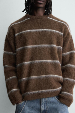ZARA СВИТЕР ИЗ РЕЛЬЕФНОЙ ТКАНИ В ПОЛОСКУ, КОРИЧНЕВЫЙ