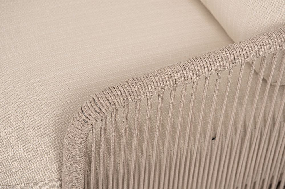 "Альбано" диван 3-местный плетеный из роупа, каркас алюминий светло-серый (RAL7035) муар, роуп бежевый круглый, ткань Mossle светло-бежевая