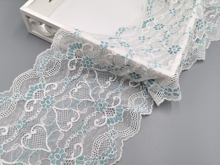 Эластичное кружево, 19,5см, Италия, белое с мятными цветами, (Арт: EKI-012), м