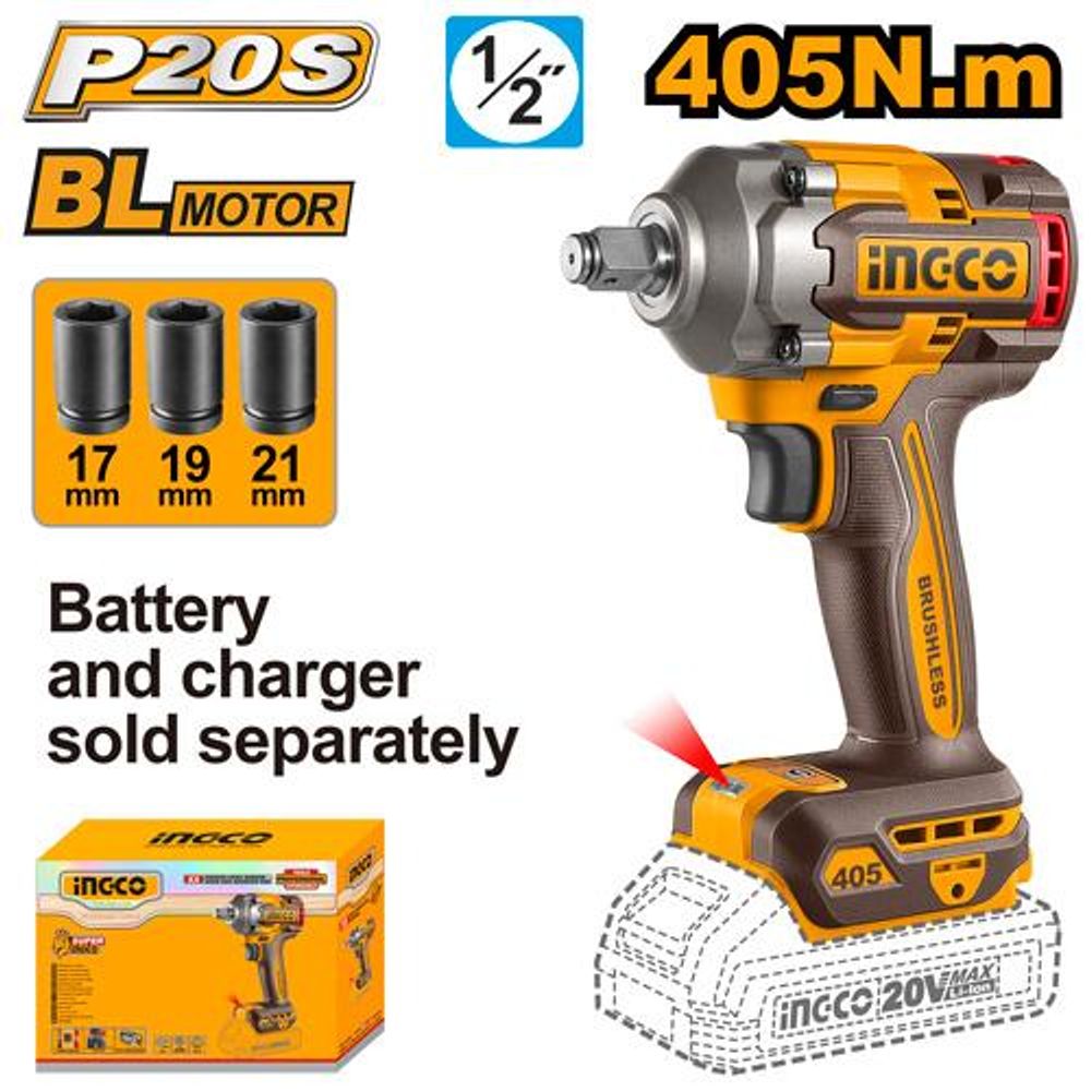 Аккумуляторный гайковерт BL 20В 405Hm 1/2, без АКБ и ЗУ INGCO CIWLI20451 INDUSTRIAL