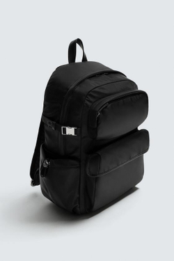 ZARA РЮКЗАК ИЗ ТЕХНИЧЕСКОЙ ТКАНИ С МНОЖЕСТВОМ КАРМАНОВ, ЧЕРНЫЙ