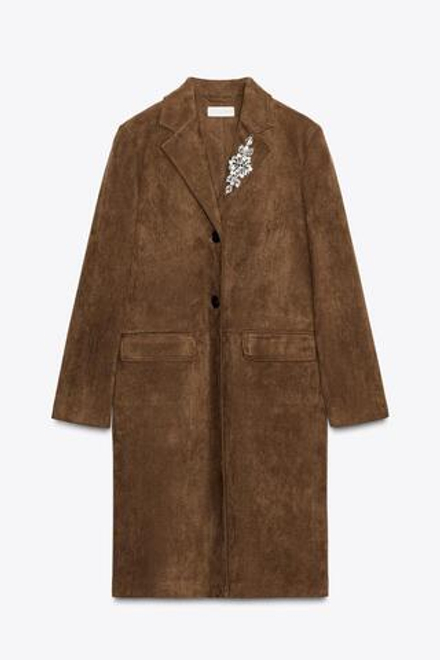 ZARA ПАЛЬТО-СЮРТУК ИЗ ЗАМШИ С БРОШЬЮ, ТАБАЧНО-КОРИЧНЕВЫЙ
