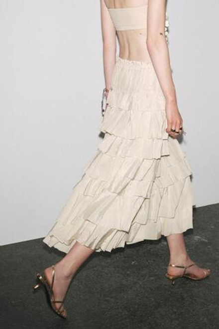 ZARA ЮБКА МИДИ С ВОЛАНАМИ — ZW COLLECTION, БЕЖЕВЫЙ/ЗЕЛЕНЫЙ