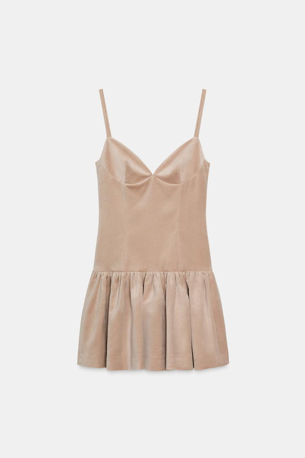 ZARA КОРОТКОЕ ПЛАТЬЕ НА БРЕТЕЛЯХ С ОБЪЕМНОЙ ЮБКОЙ, ЭКРЮ