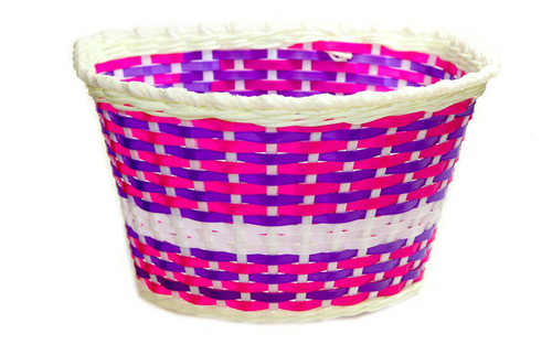 Корзина TRIX для детского велосипеда 20", крепление на руль, 270x200x170мм, пластиковая, плетёная, бело-бордово-фиолетовая