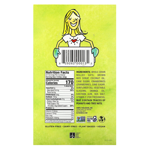 Bobo's Oat Bars, Овсяные батончики с клюквой и апельсином, 12 батончиков по 85 г (3 унции)