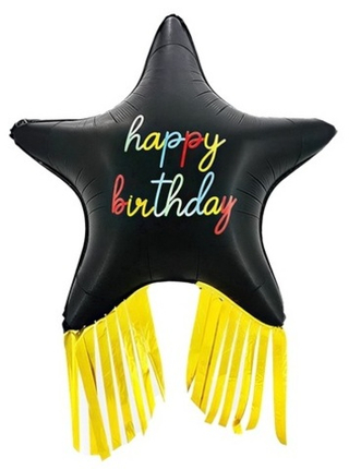 Звезда "Черная Happy Birthday с золотой бахромой"