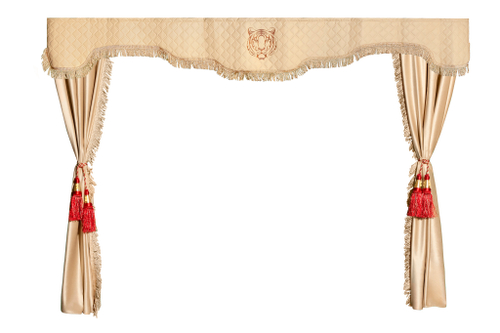 Шторы спального места с прихватами в кабину грузовика. Ламбрекен из экокожи с вышивкой Тигр и прихватами "Кисти". Высота 1,5м, ширина одной стороны - 1,15м. Блэкаут, велюр. Бежевый цвет с красными кистями