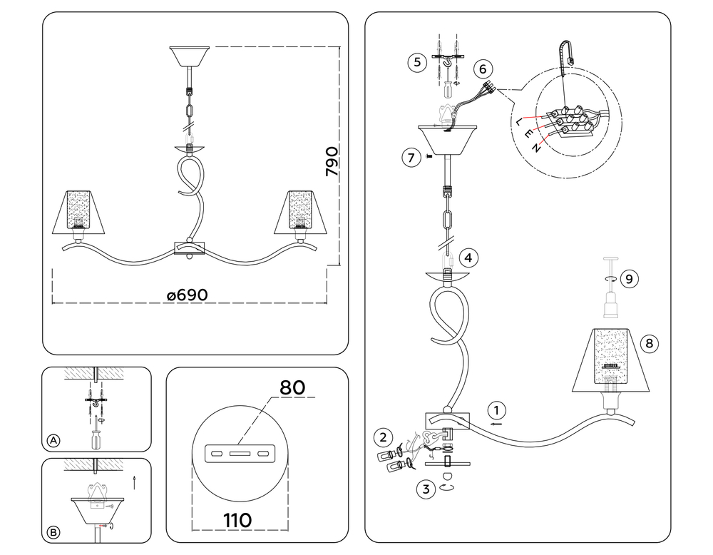 Светильник подвесной LH57091/5 BS/FR латунь/белый матовый E14/5 max 40W D690*790