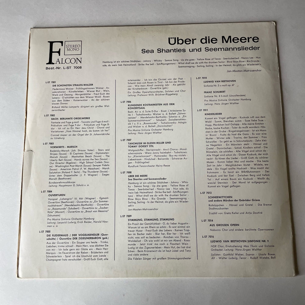 Винтажная виниловая пластинка LP Jan Maaten Matrosenchor, Uber Die Meere Над Морями (Sea Shanties Und Seemannslieder) Морские Песни И Песни Моряков (Германия 1977)