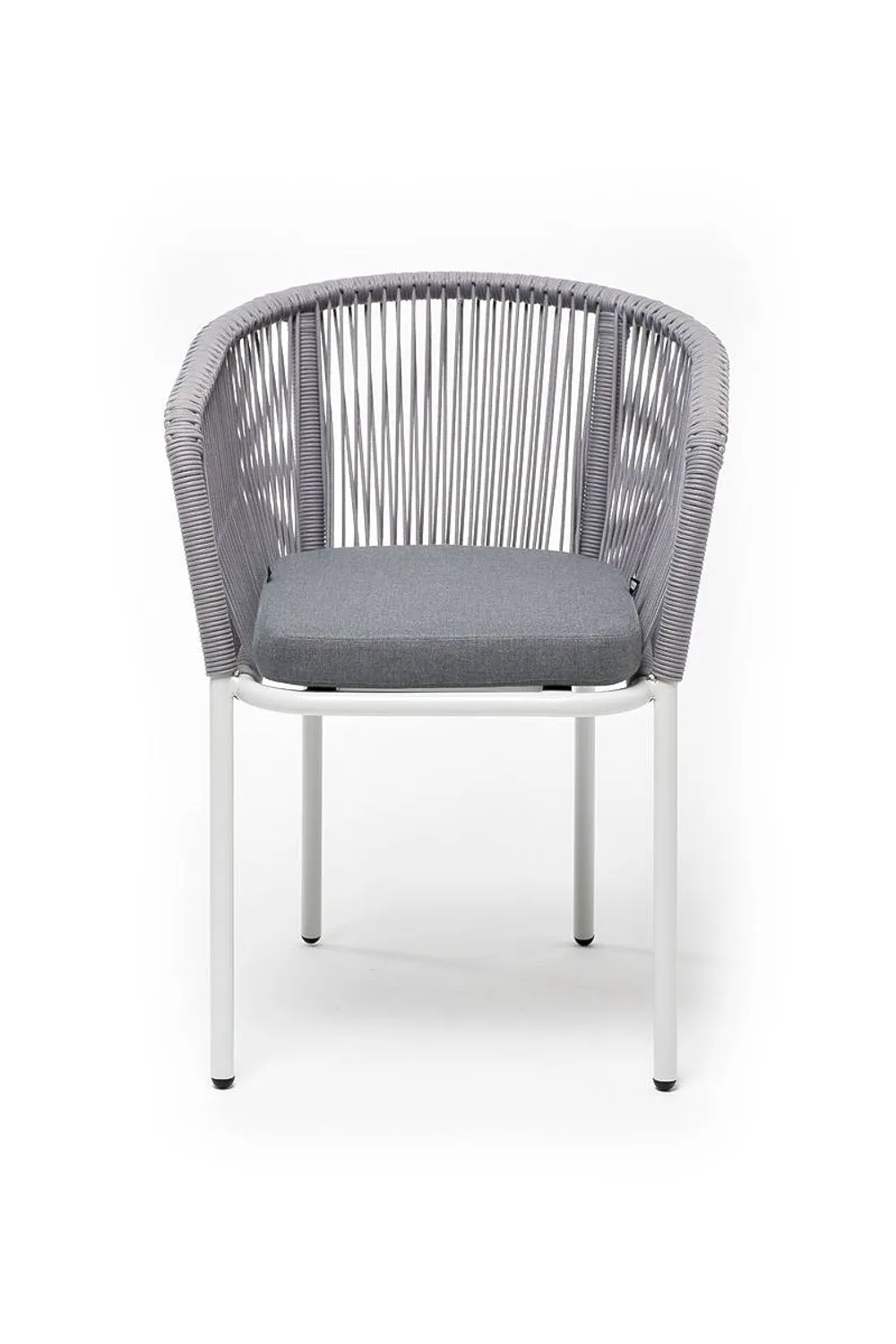 "Марсель" стул плетеный из роупа, каркас алюминий белый муар, роуп светло-серый круглый, ткань светло-серая