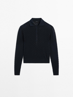 Massimo Dutti Трикотажная футболка с ажурным воротником поло темно-синий