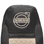 Чехлы VOLVO FH-12 после 2003 года: два высоких сиденья, ремни безопасности от стоек кабины (нет выреза под ремень) (экокожа, черный, бежевая вставка)