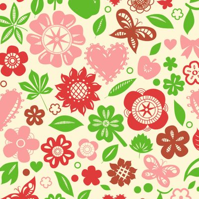 Цветы, сердечки, бабочки на бежевом