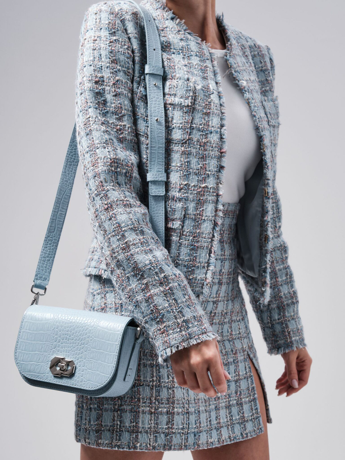 Сумка кожаная на плечо кросс-боди голубая крок