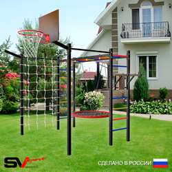 Уличная шведская стенка Sv Sport рукоход с комплектом турник прямой 2шт У5517.2К (Брусья/Гнездо 115см/Щит баскет/Кронш бокс/Сетка)