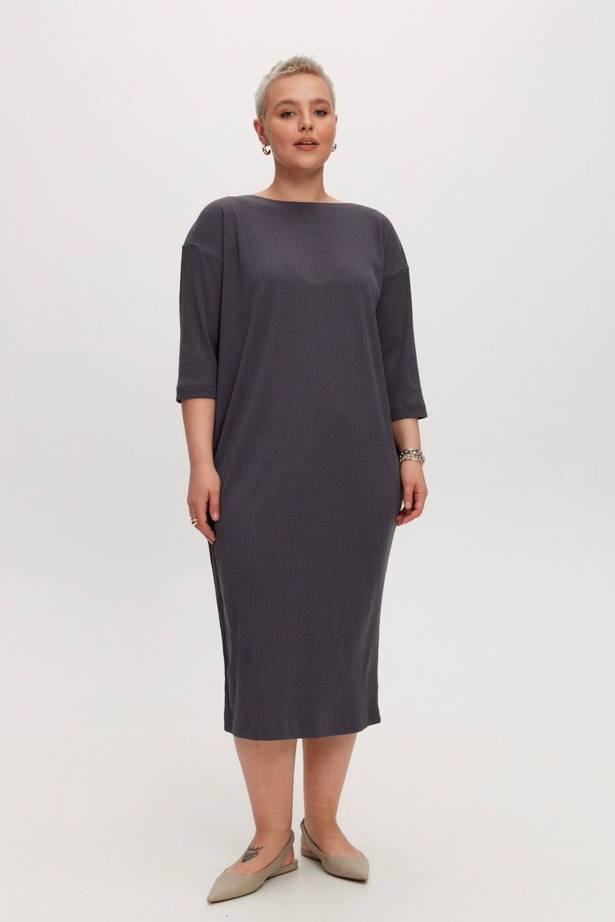 Платье трикотажное, в рубчик, графит