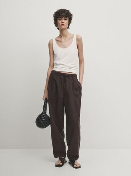 Massimo Dutti Топ из эластичного смесового хлопка на бретелях, натуральный, кремовый