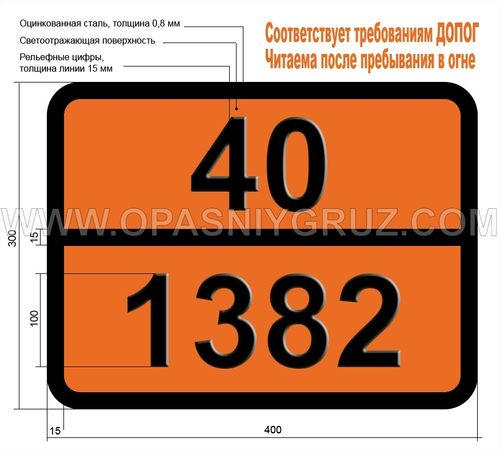 Табличка Опасный груз 40-1382 КАЛИЯ СУЛЬФИД БЕЗВОДНЫЙ