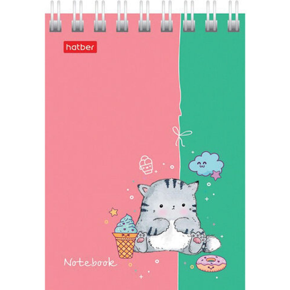 Блокнот МАЛЫЙ ФОРМАТ (75х105 мм) А7, 60 л., гребень, картон, клетка, HATBER, "Приключения кота", 60Б7В1гр