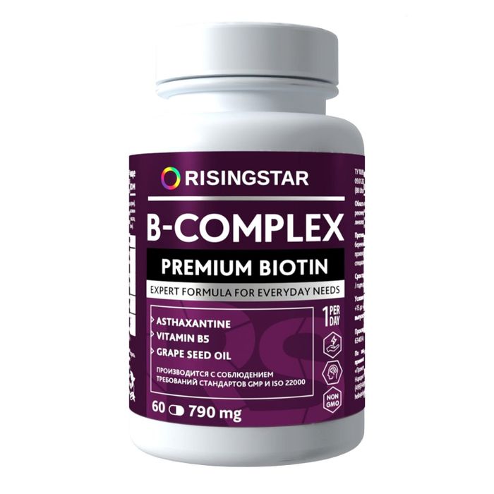 Комплекс витаминов группы B, B-complex premium biotin, Risingstar, 60 капсул