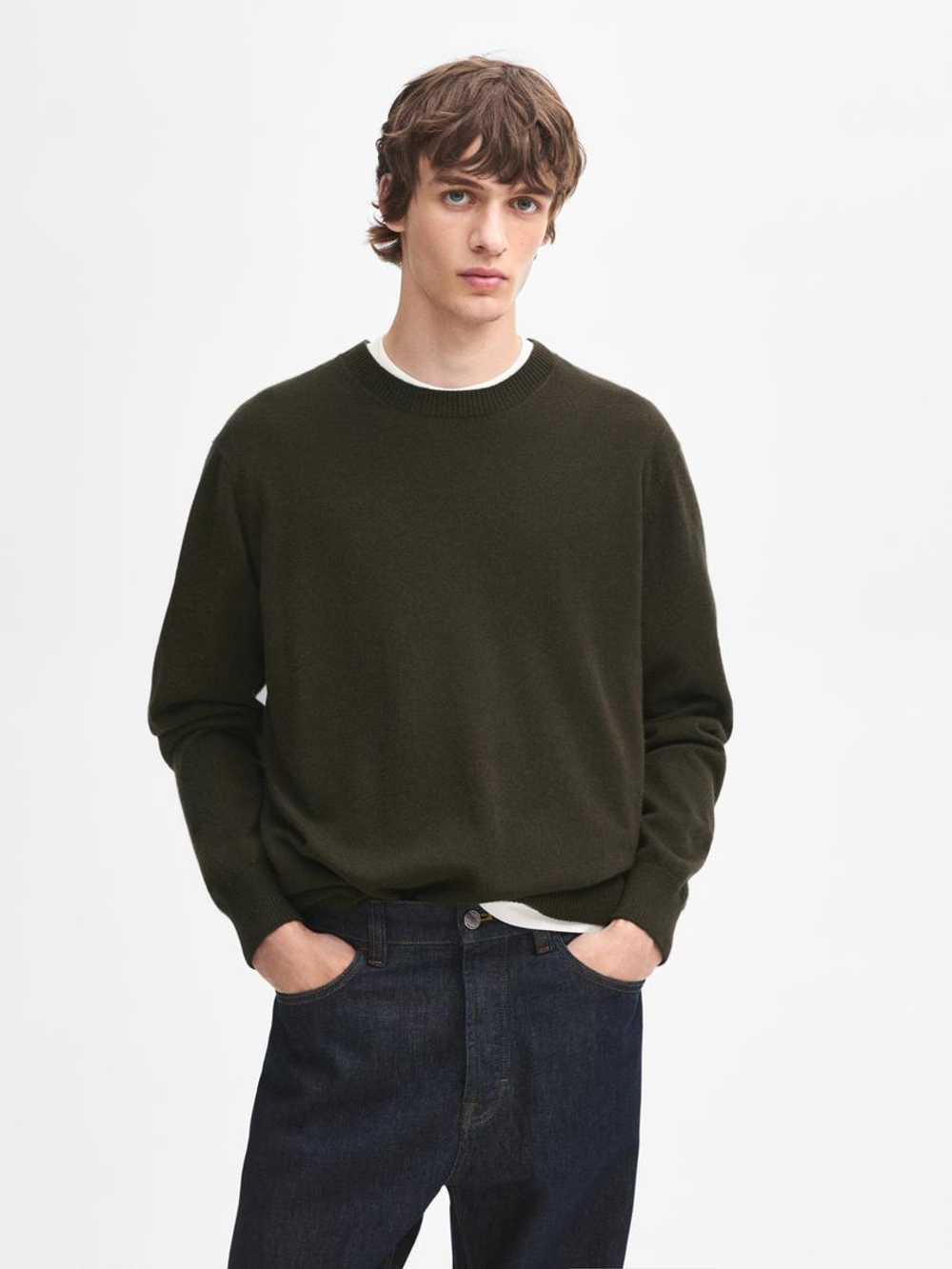 Massimo Dutti Джемпер из 100% кашемира с круглым вырезом, хаки